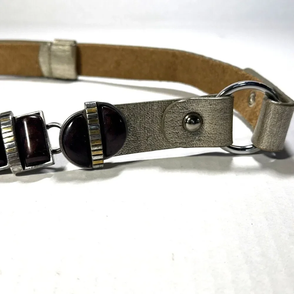 Vintage Chico's Metallic Silver Leather Geometric Cabochons Chain Hip Belt S/M